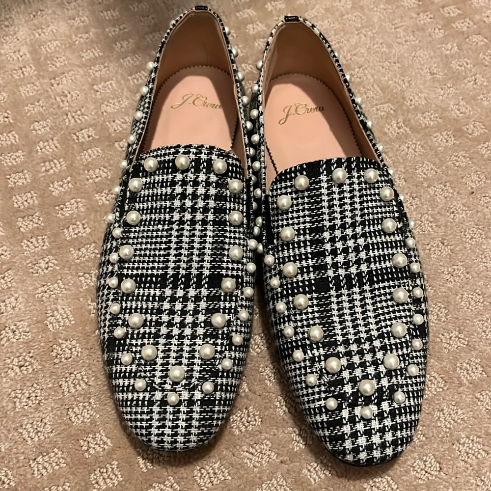J. Crew black and white plaid with pearls slip-on loafers